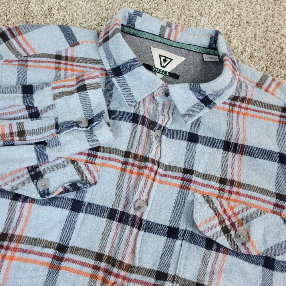 Vissla Mens Large Blue Red Orange Plaid Button Up Flannel Long Sleeve